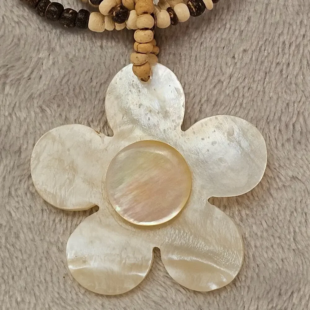 Vintage Multi-Strand Wood Bead Necklace Mother of Pearl MOP Flower Pendant Boho
